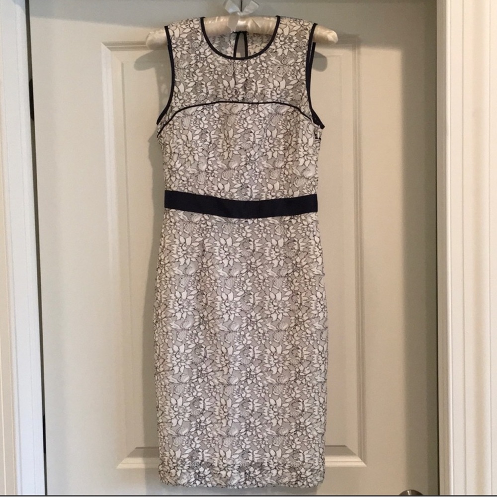 Like New ❤️ Banana Republic Sz 6 White & Navy Lace Pristine Midi Sheath Dress…